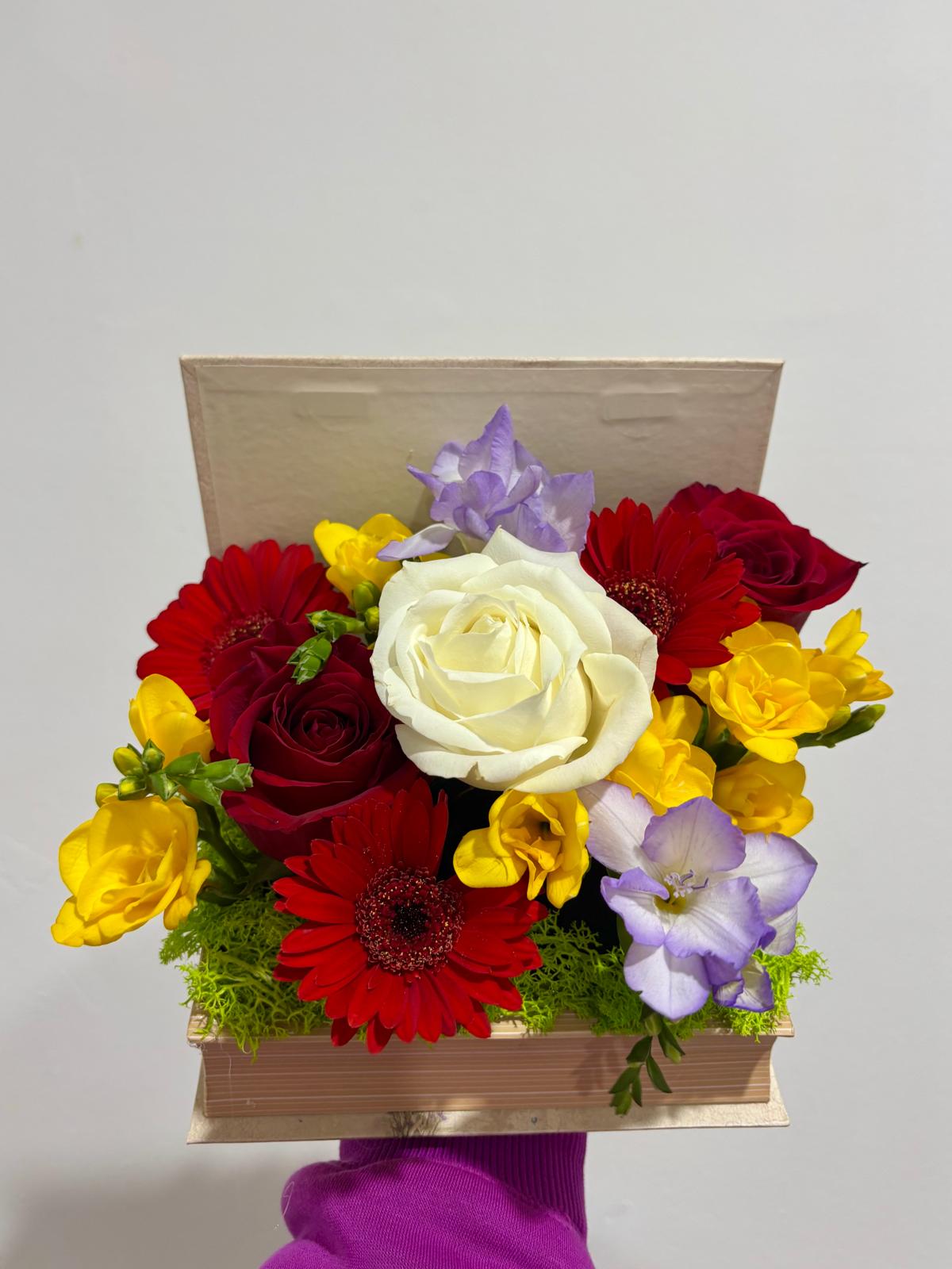 Aranjament tip carte, 3 trandafiri, 3 gerbera, 5 frezii, licheni - 100 RON